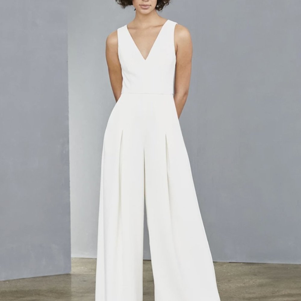 Amsale Sheer Back Bridal Jumpsuit in ivory, size 2